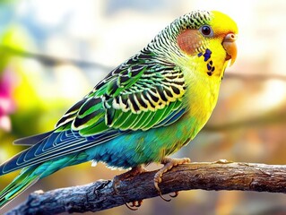 Fototapeta premium Vibrant green and yellow budgerigar perched on branch in natural light with blurred background