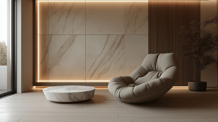 Fototapeta premium Luxury Minimalist Space with Gray Armchair and Marble Coffee Table