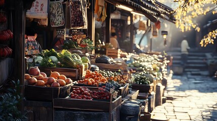 Sunny Day at a Vibrant Asian Produce Market