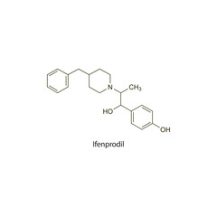 Ifenprodil flat skeletal molecular structure vasodilator drug used in peripheral vascular disease treatment. Vector illustration scientific diagram.