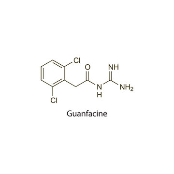 Guanfacine flat skeletal molecular structure Alpha-2 Agonist drug used in hypertension treatment. Vector illustration scientific diagram.