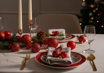 Elegant christmas table setting with red and gold ornaments, candles, and festive decorations, creating a warm and inviting atmosphere for a holiday meal