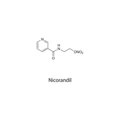 Nicorandil flat skeletal molecular structure nitrate drug used in angina pectoris treatment. Vector illustration scientific diagram.