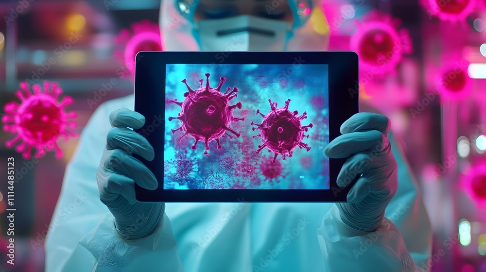 Poster doctor in protective gear holding tablet displaying digitalized virus concept with colorful backgrou