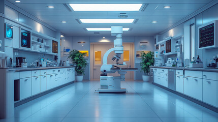 Obraz premium Modern high-tech laboratory with sleek white equipment, centered around a glowing orange sphere visible through a large circular window