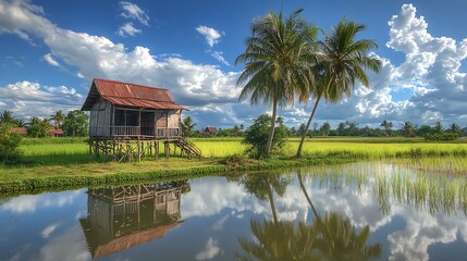 Obraz premium Tranquil Stilt House Beside Palm Trees And Rice Paddies