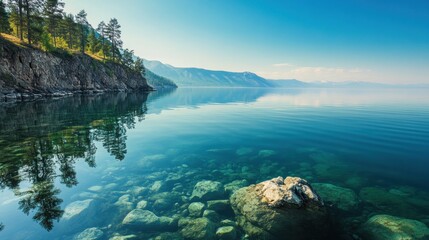 Tranquil Lake with Crystal Clear Waters and Mountain Backdrop