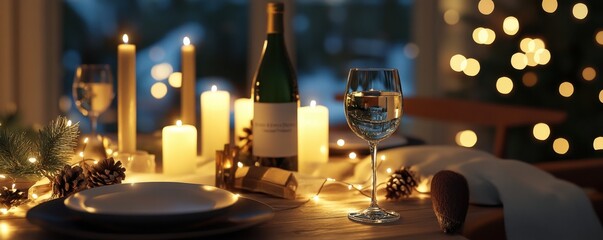 Elegant dinner table with candles, wine, pinecones, and fairy lights creating a cozy holiday ambiance