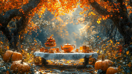 Elegant tea setup under an arch of glowing autumn leaves, surrounded by pumpkins in a serene forest setting