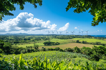 sprawling tropical countryside with lush vegetation wind turbines in the distance and a vivid blue sky filled with fluffy white clouds  
