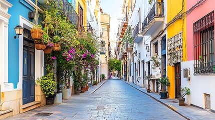 Fototapeta premium Colorful Mediterranean Street Scene With Vibrant Flowers