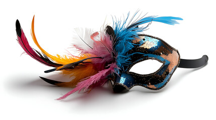 A mask with feathers and glitter on it