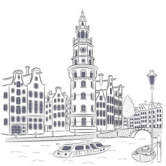Black and white drawing of Amsterdam canal and Montelbaanstoren tower, Netherlands
