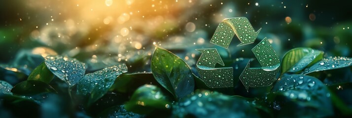 symbol of green recycling with water drops on background of green leaves