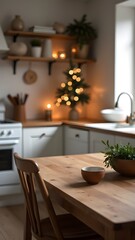 Fototapeta premium Empty table in the kitchen for presentation. Christmas decor.
