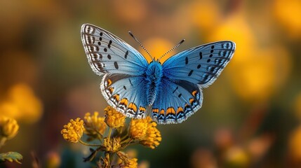 Obraz premium Vibrant Blue Butterfly on Bright Yellow Wildflowers in Nature