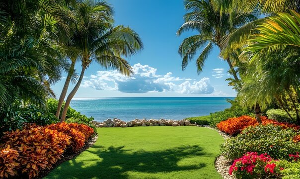 the lush tropical landscaping surrounding the property, with vibrant palm trees - Powered by Adobe