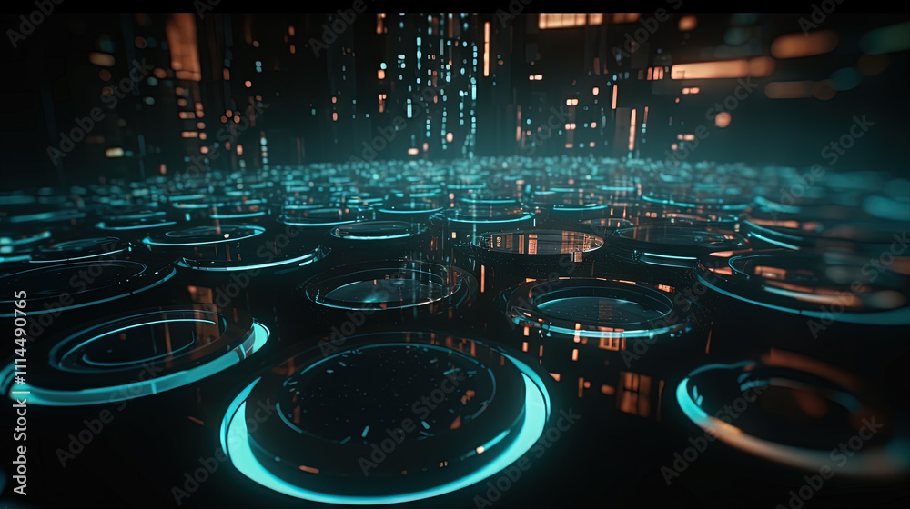 Poster Technology abstract background with hud styled round interface elements in neon tech light.