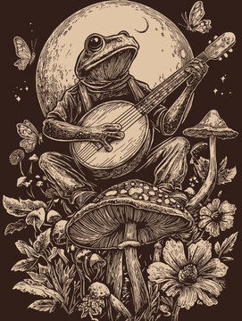 Frog Playing Banjo / Enchanted Cottagecore Forest Fairycore Aesthetic with Mushrooms, Glowing Lights, and Rustic Charm in Nature