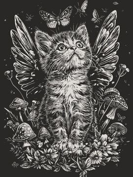 Cute Cat Kitten / Enchanted Cottagecore Forest Fairycore Aesthetic with Mushrooms, Glowing Lights, and Rustic Charm in Nature