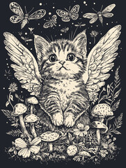 Cute Cat Kitten / Enchanted Cottagecore Forest Fairycore Aesthetic with Mushrooms, Glowing Lights, and Rustic Charm in Nature