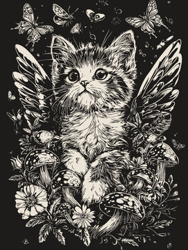 Cute Cat Kitten / Enchanted Cottagecore Forest Fairycore Aesthetic with Mushrooms, Glowing Lights, and Rustic Charm in Nature