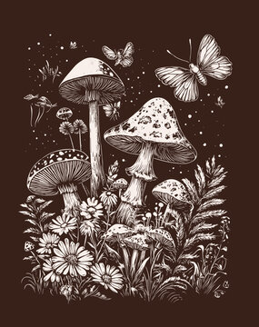 Enchanted Cottagecore Forest Fairycore Aesthetic with Mushrooms, Glowing Lights, and Rustic Charm in Nature