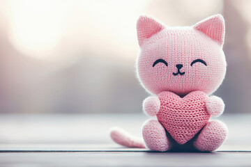 Knitted animal for Valentine. A cute pink knitted cat holding a heart, showcasing a warm and playful atmosphere, perfect for expressing love and affection.