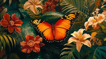 Fototapeta premium Orange Butterfly Among Lush Tropical Flowers And Leaves