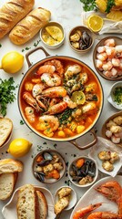 A flat-lay of a Bouillabaisse feast, with a large pot of the soup surrounded by individual bowls, fresh baguettes, lemons, and small dishes of rouille. 