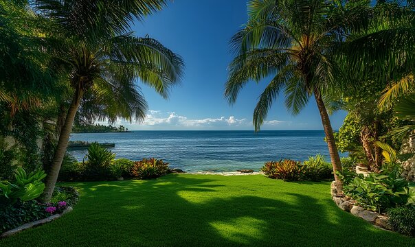 the lush tropical landscaping surrounding the property, with vibrant palm trees