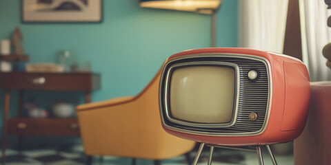 Naklejka premium A charming retro television set sits in a vibrant, stylish room, evoking nostalgia of the past.