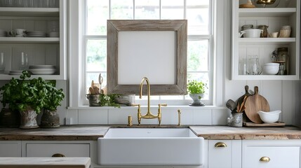 Fototapeta premium A rustic farmhouse kitchen with a distressed wood frame mounted above an apron-front sink, surrounded by white cabinetry and brass fixtures.