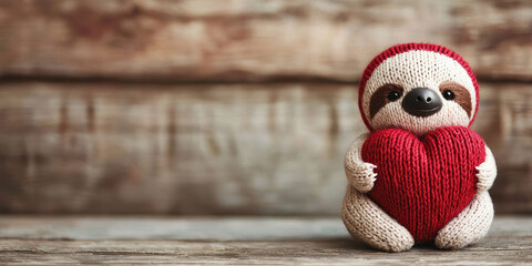 Obraz premium Knitted animal for Valentine. A cute stuffed sloth holding a red heart, set against a rustic wooden background, evoking feelings of love and warmth.