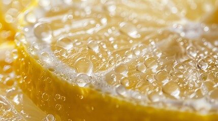 Close-up of fresh lemon slices with water droplets, showcasing vibrant yellow color and refreshing texture.