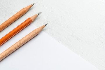 Obraz premium A close-up view of three sharpened pencils resting on a blank sheet of paper, showcasing their tips against a light background.