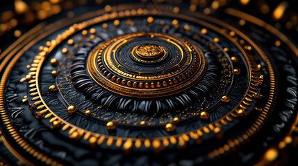 Fototapeta premium A close-up view of an intricate circular design featuring gold accents and textured patterns, highlighting craftsmanship and artistic detail.