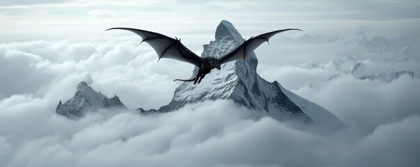 A majestic dragon soars high above a snow-capped mountain, surrounded by swirling clouds and a serene, misty atmosphere.