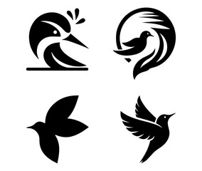 set of silhouette black and white birds
