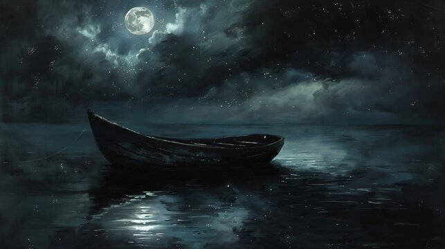 Solitary Boat Under a Starlit Night Sky