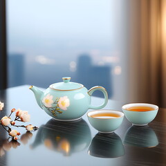 Fototapeta premium Authentic Chinese tea set with intricate floral patterns, indoor setting on a table, Chinese new year