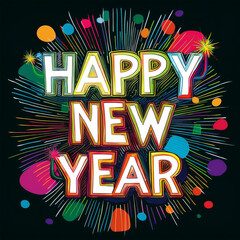 vibrant happy new year design featuring colorful typography surrounded by fireworks and festive abstract shapes on a dark background. perfect for  invitations, greeting holiday cards celebration them