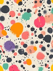 A playful background of randomly scattered dots and paint splashes in bright, cheerful colors on a neutral base.