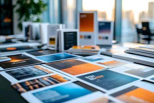 Printed product catalogs and marketing materials laid out on a conference table, Brand Identity, Building brand presence through tangible media