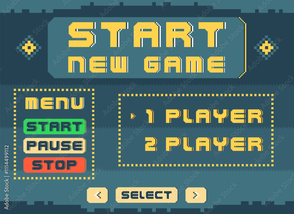 Poster start game menu. pixel art console. dashboard display. 8 bit arcade player. video gaming font. retro