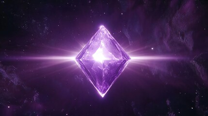 A sharp diamond shape hovering in the void, glowing softly in purple and pink hues, surrounded by subtle gradients fading into darkness	

