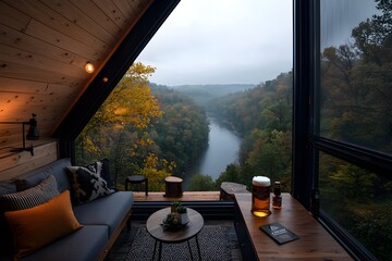 Fototapeta premium Cozy Timber Framed Cabin Nestled in the Woods Offering Breathtaking Views of a Densely Forested Valley and Distant Rolling Hills with a Refreshing Craft Beer in Hand