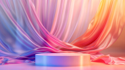 Product podium with colorful flowing silk curtains. Minimal 3D display product podium.	
