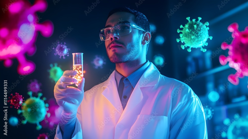 Poster scientist in laboratory holding test tube with colorful virus particles in background, symbolizing r