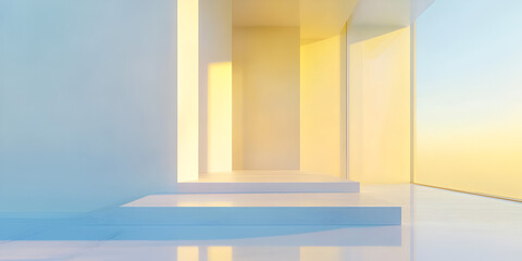 Sunrise Minimalist Architecture: Serene, sun-drenched architectural rendering, showcasing a minimalist design with soft pastel hues and clean lines.